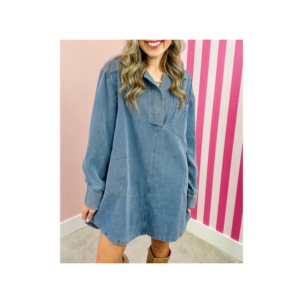 NeuWilla Denim Mini Dress Women S Blue Oversized V-Neck Long Sleeve